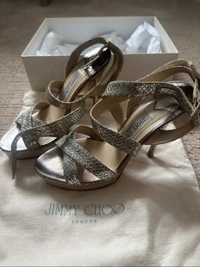 Jimmy Choo Metallic Gold Glitter Strappy Sandals